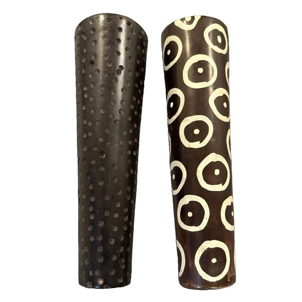 Vintage Besmo Kenya Soapstone Vase Set Hand Carved Polka Dot Black Cream Art